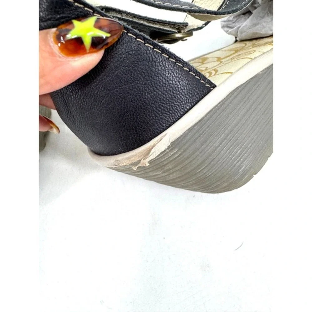 Fly‎ London Yace163Fly Peep Toe Wedge Sandals Leather Ankle Strap Yellow